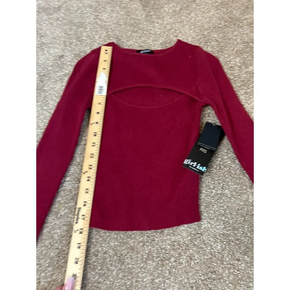 New Women's Cutout Long Sleeve Knitted Ribbed Pullover Sweater Jumper Top SZ XS - Picture 4 of 10